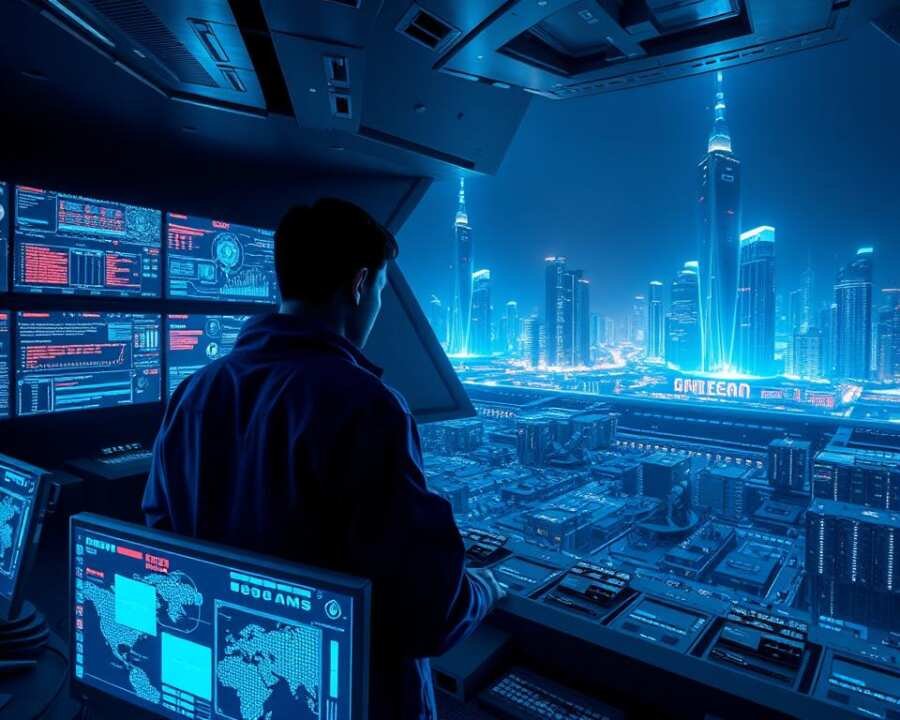 A futuristic cybersecurity control room, bathed in a cool, blue-tinted lighting. In the foreground, a security analyst intently monitors multiple holographic displays, analyzing threat data and network activity. The middle ground features a vast, sprawling array of servers, blinking with indicators of ongoing defense systems. In the background, a towering, angular glass facade overlooks a cityscape of gleaming skyscrapers, hinting at the scale and sophistication of the cyber threat landscape. The scene conveys a sense of vigilance, technological prowess, and the high-stakes battle to protect critical infrastructure from advanced cyber threats. A futuristic cybersecurity control room, bathed in a cool, blue-tinted lighting. In the foreground, a security analyst intently monitors multiple holographic displays, analyzing threat data and network activity. The middle ground features a vast, sprawling array of servers, blinking with indicators of ongoing defense systems. In the background, a towering, angular glass facade overlooks a cityscape of gleaming skyscrapers, hinting at the scale and sophistication of the cyber threat landscape. The scene conveys a sense of vigilance, technological prowess, and the high-stakes battle to protect critical infrastructure from advanced cyber threats.