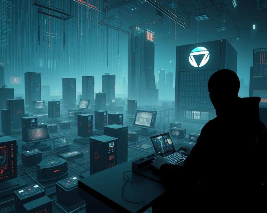 A futuristic digital landscape, dimly lit by the glow of holographic screens and cascading lines of code. In the foreground, a shadowy figure sits at a sleek, high-tech workstation, fingers flying across a virtual keyboard as they orchestrate a complex web of AI-driven phishing attacks. The middle ground is a maze of interconnected servers and data hubs, pulsing with the energy of automated exploits. In the background, a towering, monolithic structure looms, its facade adorned with the logo of a prominent tech company, a symbol of the organization's vulnerability to these sophisticated cybercrimes. The atmosphere is one of ominous technological power, where the line between human and machine has become blurred, and the boundaries of digital security have been irrevocably breached.