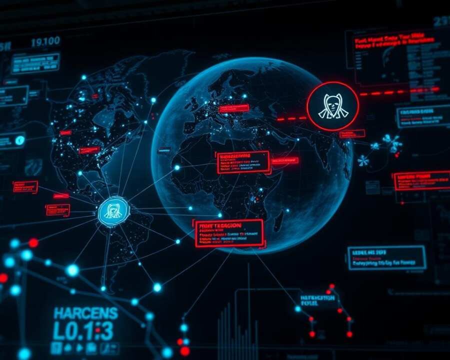 A global cyberattack map depicting various targeted regions, with data visualization elements such as glowing nodes, pulsing threat vectors, and holographic overlays. The foreground shows a complex web of interconnected nodes representing digital infrastructure, while the middle ground features abstract threat indicators like malware signatures and hacking tools. The background depicts a dark, ominous atmosphere with a backdrop of globe imagery, conveying the scale and gravity of the situation. The lighting is dramatic, with a mix of cool tones and neon accents, creating a sense of technological dread. The overall composition should evoke a sense of the Lebanese Cedar group's sophisticated, large-scale cyber operations targeting critical global systems. A global cyberattack map depicting various targeted regions, with data visualization elements such as glowing nodes, pulsing threat vectors, and holographic overlays. The foreground shows a complex web of interconnected nodes representing digital infrastructure, while the middle ground features abstract threat indicators like malware signatures and hacking tools. The background depicts a dark, ominous atmosphere with a backdrop of globe imagery, conveying the scale and gravity of the situation. The lighting is dramatic, with a mix of cool tones and neon accents, creating a sense of technological dread. The overall composition should evoke a sense of the Lebanese Cedar group's sophisticated, large-scale cyber operations targeting critical global systems.