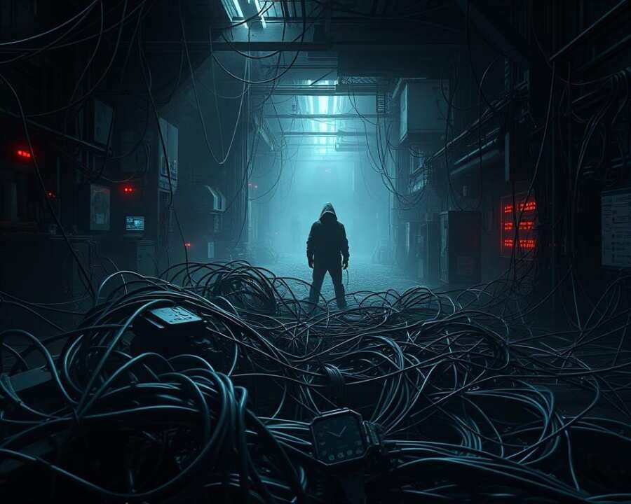 A grim, industrial landscape of interconnected devices and networks, cast in an ominous, cyberpunk-inspired atmosphere. In the foreground, a tangled web of cables and exposed circuits suggests the vulnerabilities of an IoT infrastructure, while shadowy figures lurk in the background, hacking into the system. Dramatic lighting casts harsh shadows, creating a sense of unease and impending danger. The scene is rendered with a high level of detail, emphasizing the complexity and potential risks of the emerging IoT landscape.