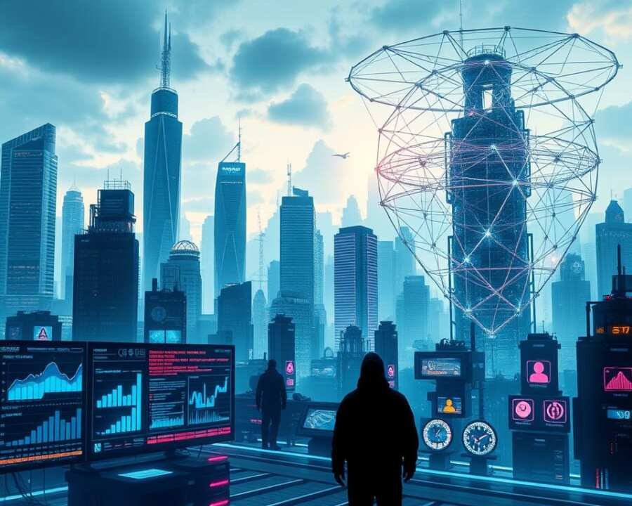 A high-tech cityscape with towering skyscrapers and sleek architecture, bathed in a cool, cyberpunk-inspired palette of blues, greys, and neon accents. In the foreground, a series of digital screens and holographic displays showcase graphs, data visualizations, and security alerts, hinting at the cybersecurity challenges faced by targeted industries. The middle ground features silhouettes of shadowy figures, representing the threat actors probing these networks. In the background, a complex web of interconnected systems and infrastructure, protected by a shimmering, semi-transparent force field, symbolizing the layered defenses required to safeguard against sophisticated cyber attacks.