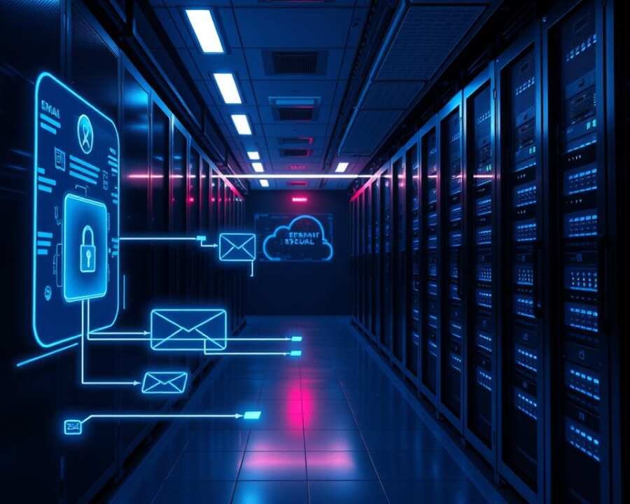 A high-tech data center, dimly lit with cool blue hues, showcases a network diagram depicting robust email security protocols. In the foreground, a holographic interface displays encrypted data packets flowing seamlessly through firewalls and intrusion detection systems. In the middle ground, servers hum with activity, their LED status lights blinking rhythmically. The background features a sleek, minimalist design with subtle nods to cybersecurity, such as binary code projections and abstract data visualizations. The overall atmosphere conveys a sense of technological sophistication and unwavering protection against potential cyber threats.