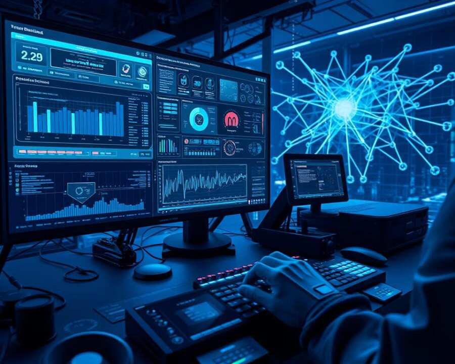 A high-tech workstation displaying a variety of cybersecurity tools, including a real-time malware detection dashboard, network traffic analysis software, and automated incident response protocols. The scene is bathed in a cool, blue-tinged lighting, creating a serious, focused atmosphere. Sleek, angular hardware components and holographic displays project an image of advanced, cutting-edge technology. In the foreground, a pair of hands manipulate the controls, while the background showcases a complex, three-dimensional network visualization, underscoring the dynamic, ever-evolving nature of modern cyber threats.