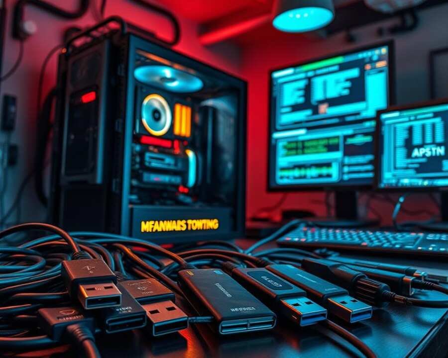 A highly detailed and technical computer workstation setup, showcasing various USB-based malware tools and utilities. In the foreground, a collection of USB drives, cables, and adapters are arranged neatly, each with a distinctive purpose and design. The middle ground features a sleek, high-end desktop computer with intricate cooling systems and advanced hardware components, casting a subtle glow. In the background, a wall-mounted display presents a live feed of system information and network activity, conveying a sense of ongoing digital surveillance and analysis. The lighting is a combination of warm, ambient tones and cool, surgical-like illumination, creating an ominous yet precise atmosphere. The overall scene exudes a sense of sophistication and expertise in the field of cybersecurity, hinting at the power and complexity of the tools at hand.
