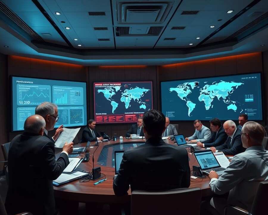 A large conference room with government officials and cybersecurity experts gathered around a table, discussing detailed reports and plans projected on a large screen. The room has a serious, professional atmosphere, with subtle lighting and modern, minimalist design. In the foreground, a senior official gestures animatedly while explaining complex data visualizations. The middle ground shows representatives from various international agencies engaged in intense discussions, while the background reveals a world map highlighting regions affected by the APT31 cyberattacks. An air of determined collaboration permeates the scene, as the team works to coordinate a comprehensive global response to the persistent threat. A large conference room with government officials and cybersecurity experts gathered around a table, discussing detailed reports and plans projected on a large screen. The room has a serious, professional atmosphere, with subtle lighting and modern, minimalist design. In the foreground, a senior official gestures animatedly while explaining complex data visualizations. The middle ground shows representatives from various international agencies engaged in intense discussions, while the background reveals a world map highlighting regions affected by the APT31 cyberattacks. An air of determined collaboration permeates the scene, as the team works to coordinate a comprehensive global response to the persistent threat.
