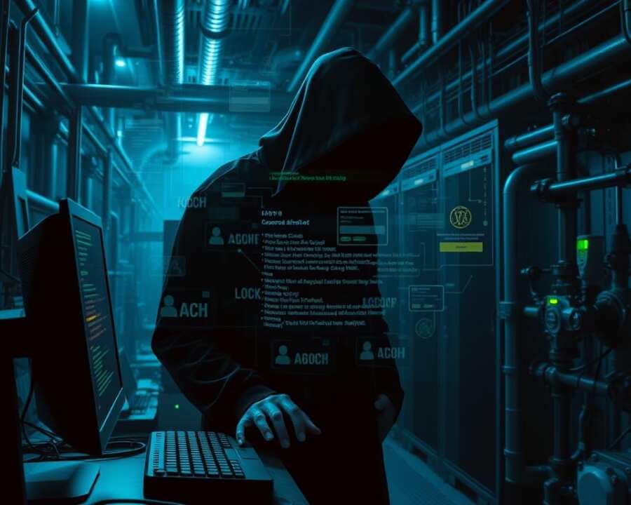 A sinister amalgamation of ransomware and credential theft techniques unfolds in a dimly lit, industrial setting. In the foreground, a ominous figure in a hooded cloak looms over a computer terminal, their hands deftly executing a complex attack sequence. Surrounding them, a halo of digital artifacts - encrypted files, login prompts, and shadowy profiles - swirls ominously. In the middle ground, a network of servers and routers vibrate with the intensity of the assault, their status lights flickering like a heartbeat under strain. The background is a maze of pipes, valves, and mechanical components, hinting at the critical infrastructure this attack aims to disrupt. The scene is bathed in an eerie, bluish glow, creating a sense of unease and impending disaster. A sinister amalgamation of ransomware and credential theft techniques unfolds in a dimly lit, industrial setting. In the foreground, a ominous figure in a hooded cloak looms over a computer terminal, their hands deftly executing a complex attack sequence. Surrounding them, a halo of digital artifacts - encrypted files, login prompts, and shadowy profiles - swirls ominously. In the middle ground, a network of servers and routers vibrate with the intensity of the assault, their status lights flickering like a heartbeat under strain. The background is a maze of pipes, valves, and mechanical components, hinting at the critical infrastructure this attack aims to disrupt. The scene is bathed in an eerie, bluish glow, creating a sense of unease and impending disaster.