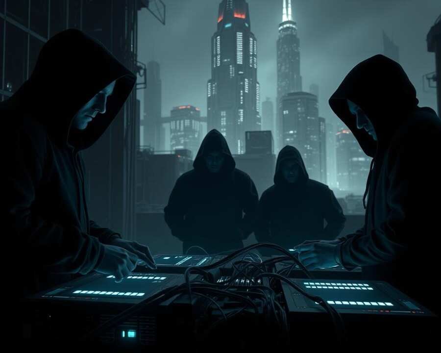 A stark, industrial-inspired scene depicting the collaboration between cybercriminal groups. In the foreground, shadowy figures in hooded garments confer over glowing digital displays, their expressions intent and focused. The middle ground features an array of interconnected servers, cables snaking between them, pulsing with the flow of illicit data. In the background, a towering cityscape of steel and glass, its windows emitting an eerie, electric glow, symbolizing the broader threat landscape. Dramatic chiaroscuro lighting casts dramatic shadows, conveying a sense of foreboding and unease. The overall mood is one of clandestine activity, technological sophistication, and the growing complexity of the cyber threat ecosystem.