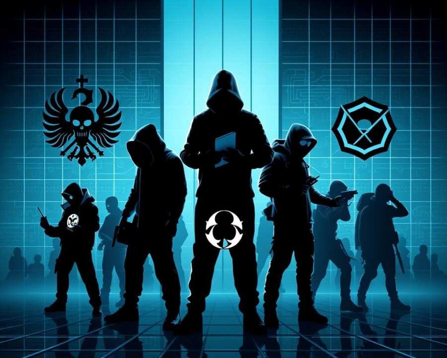A striking visual comparison of notorious ransomware groups, depicted against a sleek, minimalist backdrop. In the foreground, the logos and symbols of the groups stand out in high contrast, each with a distinct visual identity. The middle ground showcases stylized silhouettes of the groups' members, their actions and tactics hinted at through dynamic poses. The background features a grid-like pattern, suggestive of the complex, interconnected nature of the cybersecurity landscape. Dramatic lighting and a cool color palette convey the gravity and intensity of the subject matter. The overall composition strikes a balance between clarity and artistic interpretation, creating a visually compelling illustration for the article's "Comparative Analysis" section.