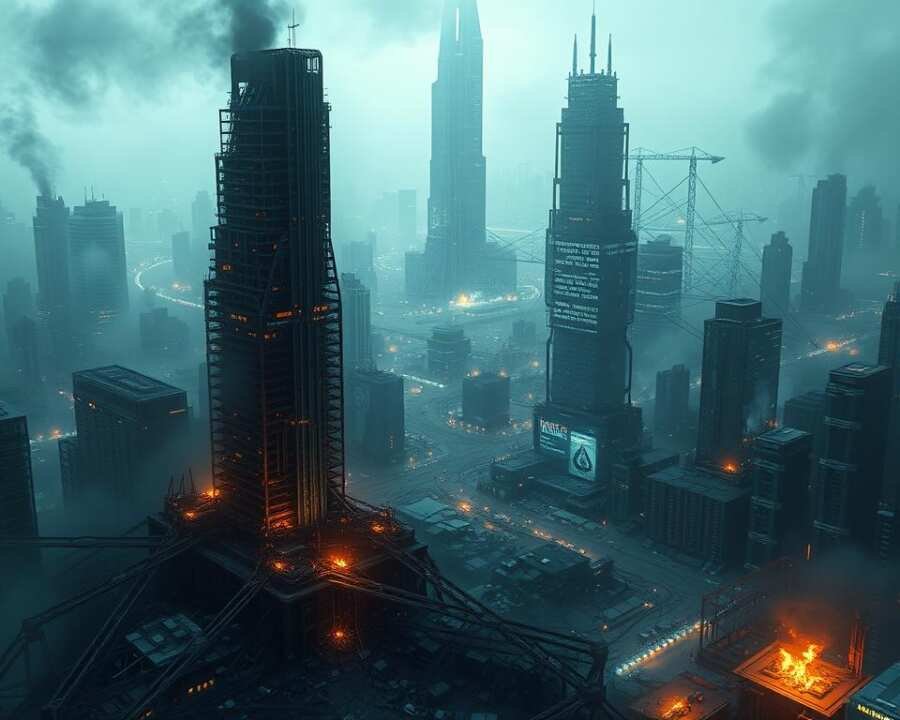 A vast, dystopian cityscape shrouded in an eerie, ominous haze. In the foreground, a towering skyscraper lies in ruins, its metallic frame twisted and charred, smoke billowing from its broken windows. Sparks of electricity crackle across the debris-strewn landscape, casting an ominous glow. The middle ground is dominated by a complex web of interconnected servers and data centers, their screens flickering with corrupted code and glitching signals. In the background, a towering, monolithic structure representing the heart of a global cyber infrastructure stands defiant, yet vulnerable, as the digital assault rages on. The scene conveys a sense of overwhelming chaos and the devastating impact of a coordinated cyber attack on a modern, technology-dependent city.
