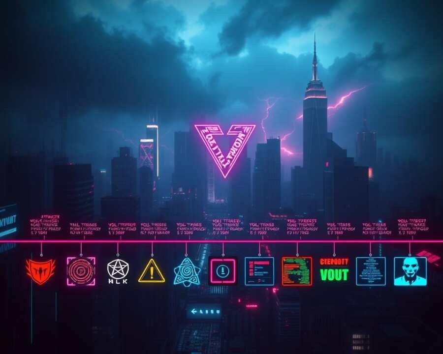 A vibrant, cinematic timeline depicting the evolution of the notorious Volt Typhoon hacking group. In the foreground, a series of glowing, futuristic icons representing the group's various attacks and malware variants over the years, each one more advanced than the last. In the middle ground, a central graphic showing the Volt Typhoon logo morphing and shifting, symbolizing the group's constant evolution. The background features a moody, neon-tinged cityscape shrouded in shadows, hinting at the clandestine nature of their operations. Dramatic lighting casts an ominous glow, while the camera angle is slightly elevated, suggesting the scale and impact of this formidable cyber threat.