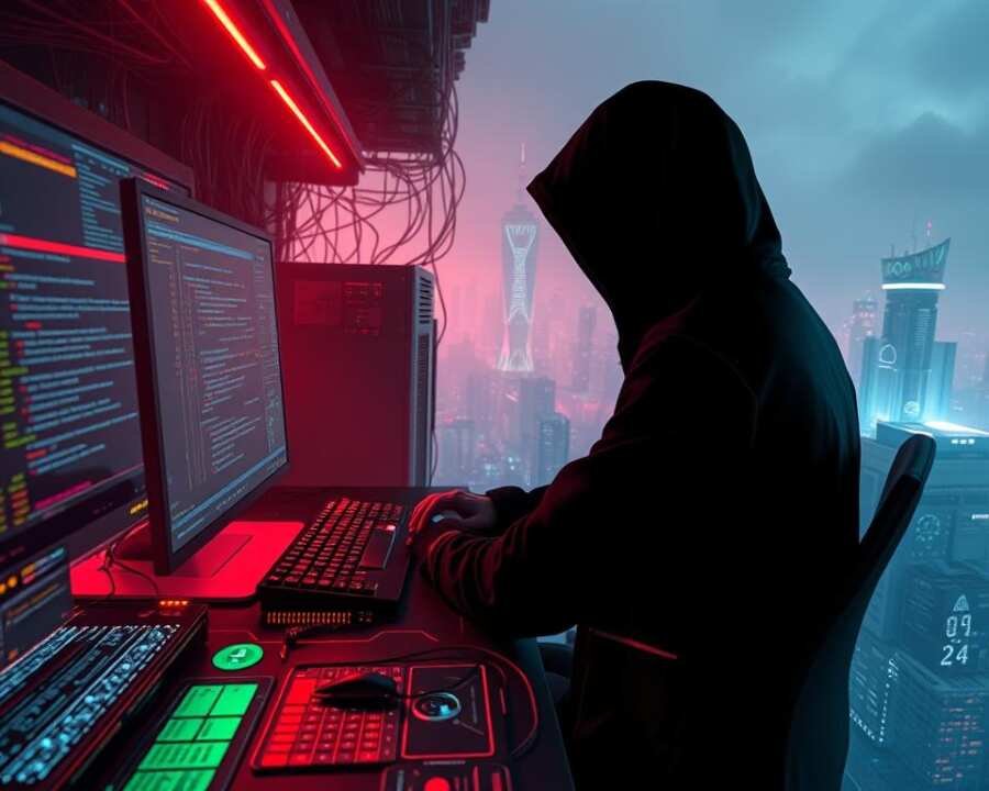 Detailed cybersecurity landscape, featuring a shadowy figure operating a sleek, futuristic-looking computer terminal. The foreground showcases intricate lines of code, hacking tools, and holographic displays, conveying a sense of technical sophistication. The middle ground depicts a complex network infrastructure, with servers, cables, and data visualizations. In the background, a dystopian cityscape shrouded in a hazy, neon-tinged atmosphere, alluding to the broader impact of the cyber attack. Dramatic lighting and angles emphasize the gravity and technical prowess of the "Persistence Techniques and Lateral Movement" scenario.
