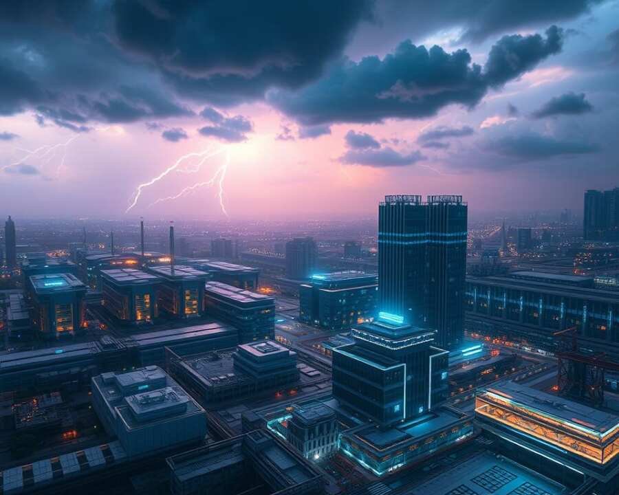 Futuristic infrastructure in the crosshairs of a devastating cyber attack. Volt Typhoon's target comes into focus - a sprawling industrial complex, its sleek towers and gleaming data centers rendered in intricate detail. Ominous clouds loom overhead, casting an eerie glow as lightning crackles in the distance. The scene conveys a sense of impending danger, a high-stakes digital assault on critical systems. Captured through the lens of a powerful telephoto camera, the image offers a glimpse into the shadow world of advanced persistent threats and the unrelenting hunt for vulnerable infrastructure.